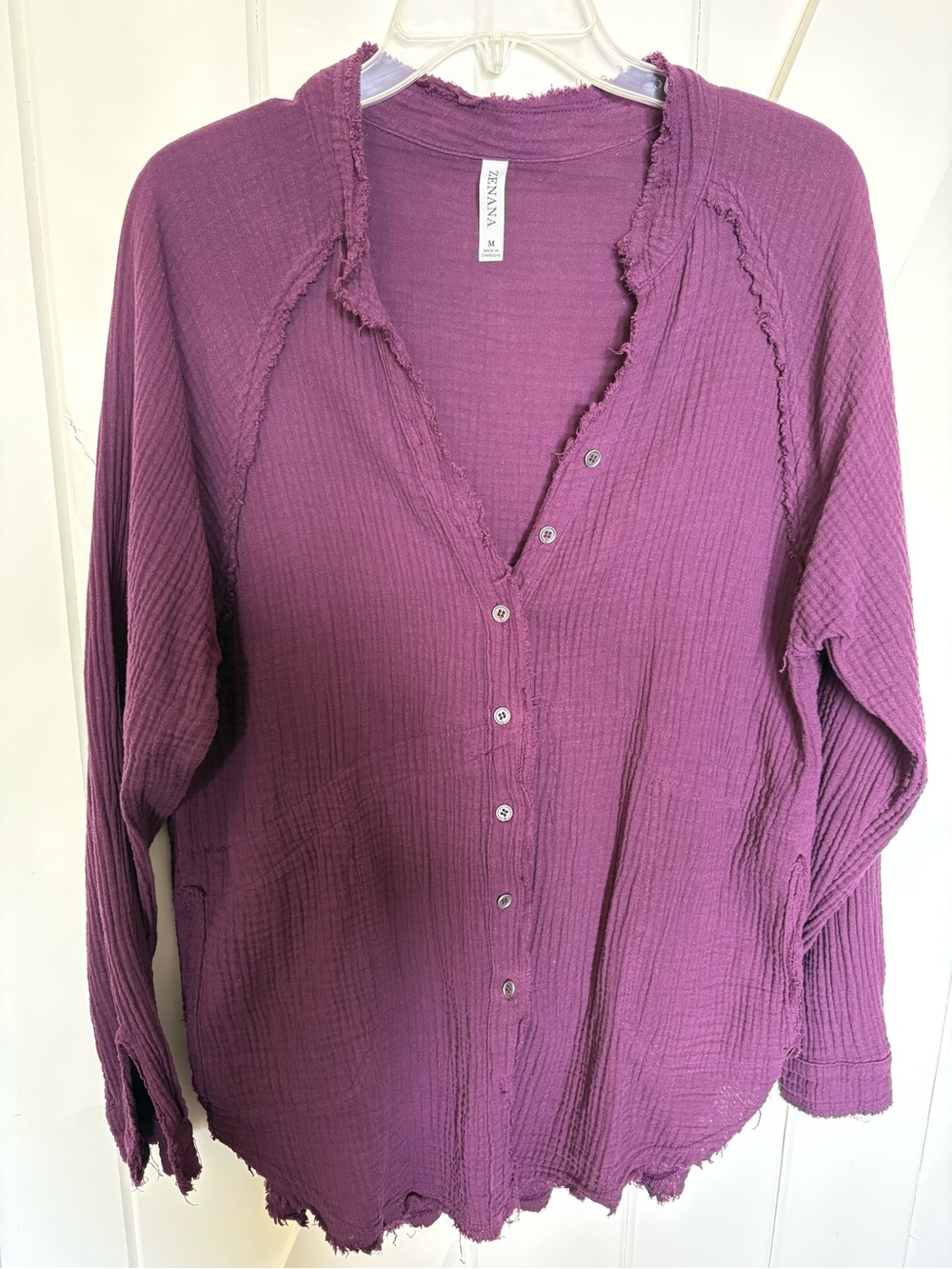 Zenana Button-Front Gauze Long Sleeve Top in Plum